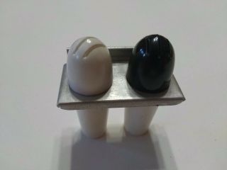 Vintage Black And White Travel Salt And Pepper Shakers With Aluminum Holder