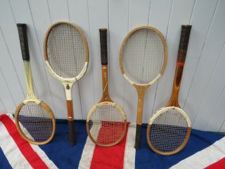 5 Antique Vintage Wooden Lawn Tennis Rackets Wimbledon Summertime Vm Display