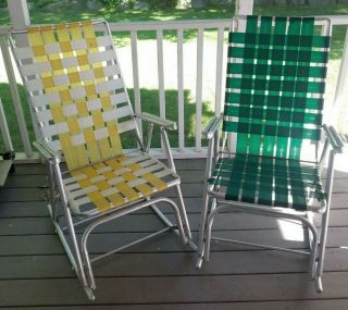 Pair Vintage Green Yellow Webbed Folding Aluminum High Back Rocking Lawn Chairs