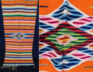 Antique Mexican Saltillo Serape Shawl Orange Wool Woven Silk Fringe Blanket Vtg