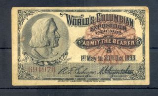 Usa 1893 Vintage Ticket - World Columbian Exposition - Washington - F/vf