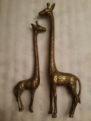 Vintage Large (2) Brass Giraffe Figurines Pair 14 " And 18 " Tall.