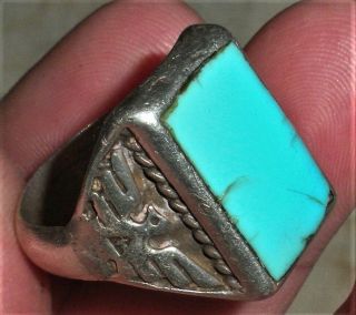 Vintage C.  1950 Navajo Heavy Sterling Silver & Turquoise Thunderbird Ring Vafo