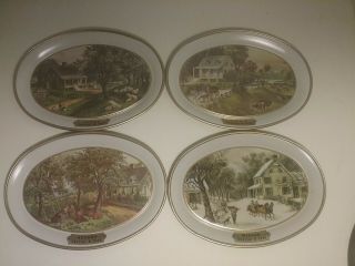 . Set Of 4 Currier & Ives Tin Decorative Wall Plaques 6x4 1/4 " Seasons Trays.