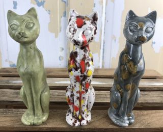 Set Of 3 Vintage Colorful Ceramic Siamese Cat Figurine Mid Century