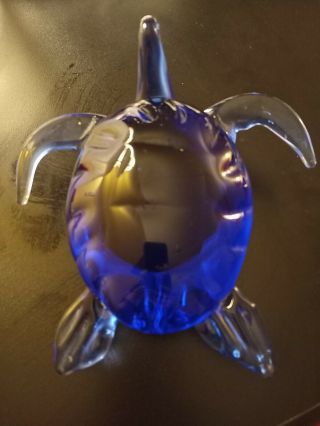 Large Brilliant Blue Sea Turtle Blown Glass Figurine,  Sea Turtle Art Glass