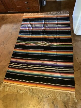 Huge Vintage Mexican Saltillo Serape Wool Blanket Bedspread Rug 63” X 90”,  Fringe