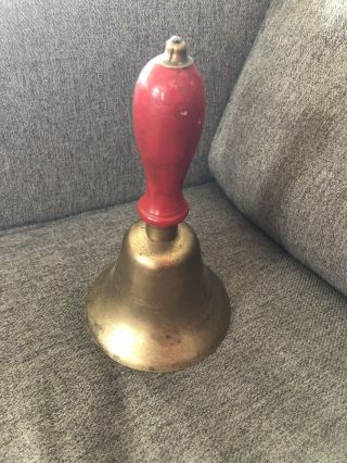 Old Vintage Brass Hand Held School House Bell Red Wood Handle