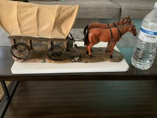 Horse Figurine Statue.  Wooden Wagon,  Metal Wheels,  Leather Straps.  Rest Is Stone