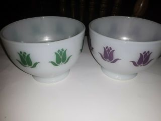 2 Vintage Fire King Cottage Cheese Bowls With Tilips Design Green And Purple
