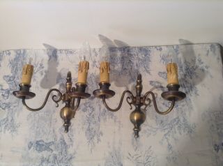 Pair Vintage French Flemish Style Double Wall Sconce Lights (3892)