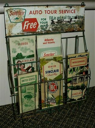 Vintage Sinclair Map Rack Stand W/ Dino - Gas Station Advertising Sign W/ 5 Maps