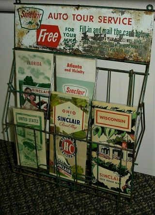 Vintage SINCLAIR Map Rack Stand w/ Dino - Gas Station Advertising Sign w/ 5 Maps 2