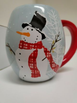 Magenta Snowman On A Light Blue Background W/ A Bright Red Handle Coffee Mug