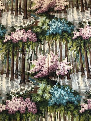 Vintage Barkcloth Fabric Panel Hydrangeas Trees Bridges 83” By 70