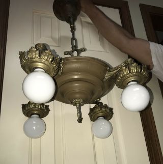 Antique 4 Socket Lamp Art Nouveau Brass Chandelier Hanging Light Metal Leviton
