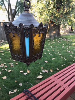 Vtg Cast Gothic Light Fixture Pendant Hanging Light Antique Slag Blue Glass