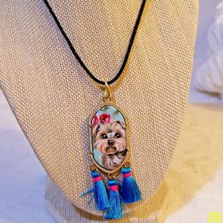 Hand Painted Yorkie On Pendant Necklace Black Cord With Extension