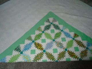 Vintage King Size Pineapple Design Handmade Quilt In Greens And Blues 100 " X 92 "