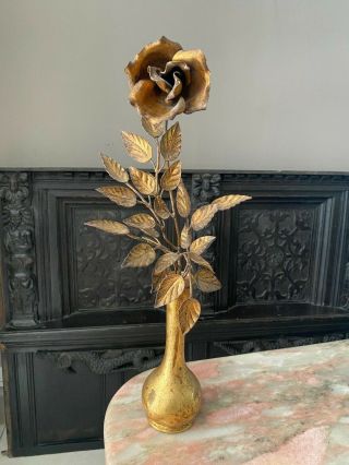 Vintage Gilt Metal Rose Toleware Rose In Vase Hollywood Regency