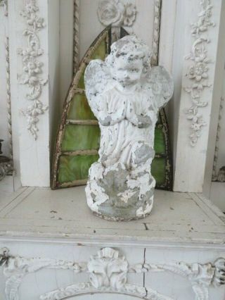 Fabulous Old Vintage Garden Cement Statue Praying Cherub Angel Chippy White