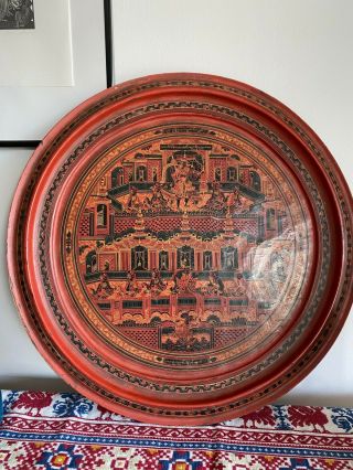 Vintage Burmese Red Lacquered Tray - Myanmar Lacquerered Tray - Burmar Painting