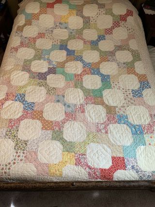 Vintage Hand Sewn Bow Tie Octagon Quilt,  90 " X 66 ",  Feed Sack Material