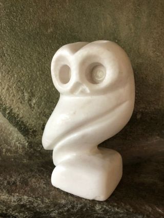 Unique Vintage Hand Carved White Stone Owl Figurine Art Sculpture Statue