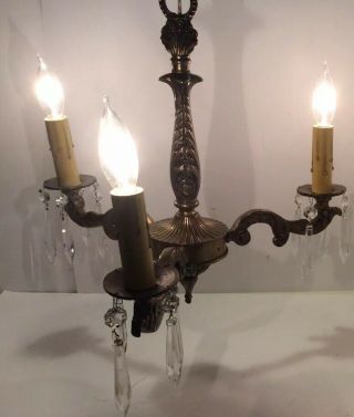 Vintage French Style 3 Arm Light Brass And Crystal Chandelier