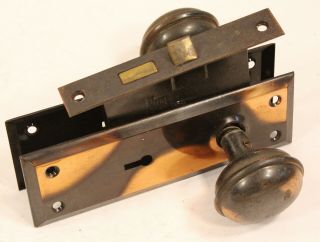 Nos Vintage Japanned Copper Flash Door Knobs Lock & Back Plates