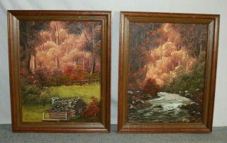 Pair Vintage Landscape Cabin Art Painting Wood Frame Signed Dated