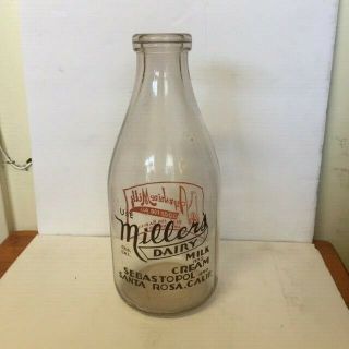 Vintage Half Gallon Clear Glass Milk Bottle Millers Dairy Sebastopol California