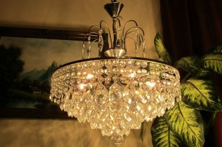 Antique Vnt.  Big Nickel/chrome Swarovski Crystal Chandelier Light Lamp 1960 