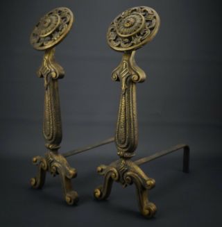 Vintage Solid Cast Brass Decorative Andirons 19 " Tall By 6.  5 " Each Marked 41