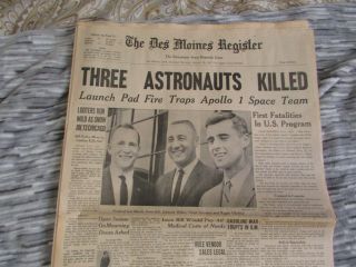 Nasa Apollo - 1 Three Astronauts Die In Capsule Fire Newspaper January 28,  1967