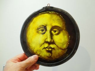 Vintage Stained Glass Fragment Of A Moon With Face.