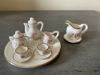 12 Pc Mini Tea Set Japan White Gold Rim Pink Rose Porcelain China Dollhouse