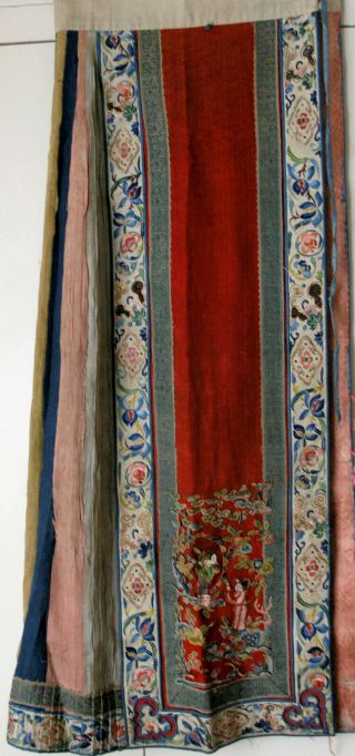 Antique Vintage Chinese Silk Embroidered Panelled Pleated Skirt Appliqué Motifs