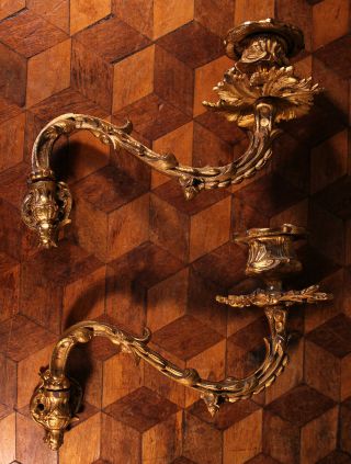 Pair Vintage French Rococo Gilt Brass Bronze Piano Wall Candle Sconce Holders