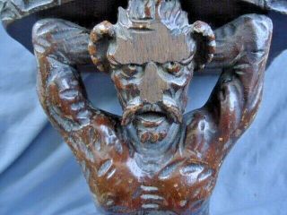 18th Century Oak Carved Mythical Man Holding Up A Bracket Shelf With Paw Legs