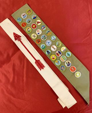 Vintage 70s Boy Scout Bsa Merit & Order Of The Arrow Sashes With 31 Merit Badges