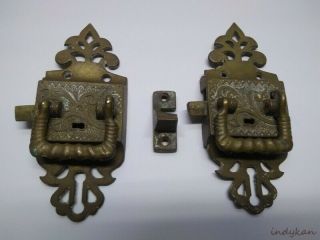 Ornate Wood Ice Box Hardware Brass Fancy 2 Handles,  3 Hinges,  1 Latch 2
