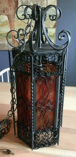 Vintage Gothic Medieval Spanish Metal & Amber Glass Hanging Light Fixture
