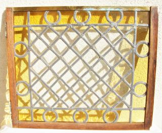English Victorian Antique Stained Glass Lead Window Panel Coloured Amber & Clear