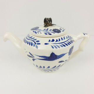 Los Castillo Vintage Teapot Silver Flower Blue White Pottery Handpainted Rare 2