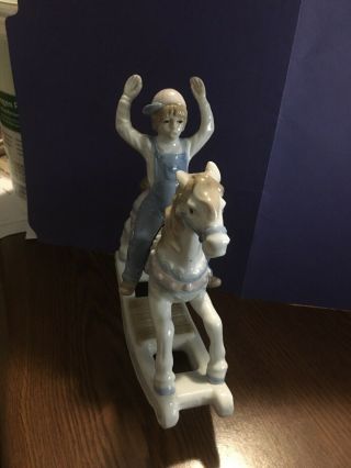 Vintage Paul Sebastian Porcelain Figurine Boy On Rocking Horse 1991 Blue Overall