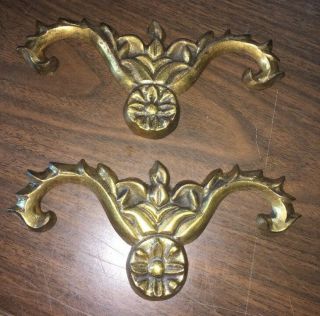 2 Antique French Bronze/ Brass Ormolu Furniture Pediment Decor 9”x4 1/4”