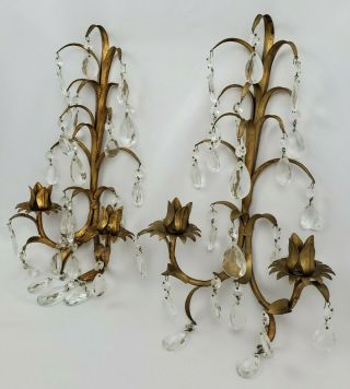 Vintage 2 Italian Tole Wheat Wall Sconce Candle Holders Gilt With Crystals Italy
