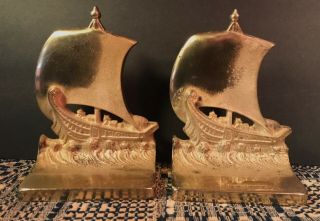 Vintage Bradley & Hubbard Brass Plated Cast Iron Viking Ship Bookends Ca 1928