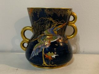 Vintage English Carlton Ware Cobalt Blue King Fisher Bird Double Handled Vase